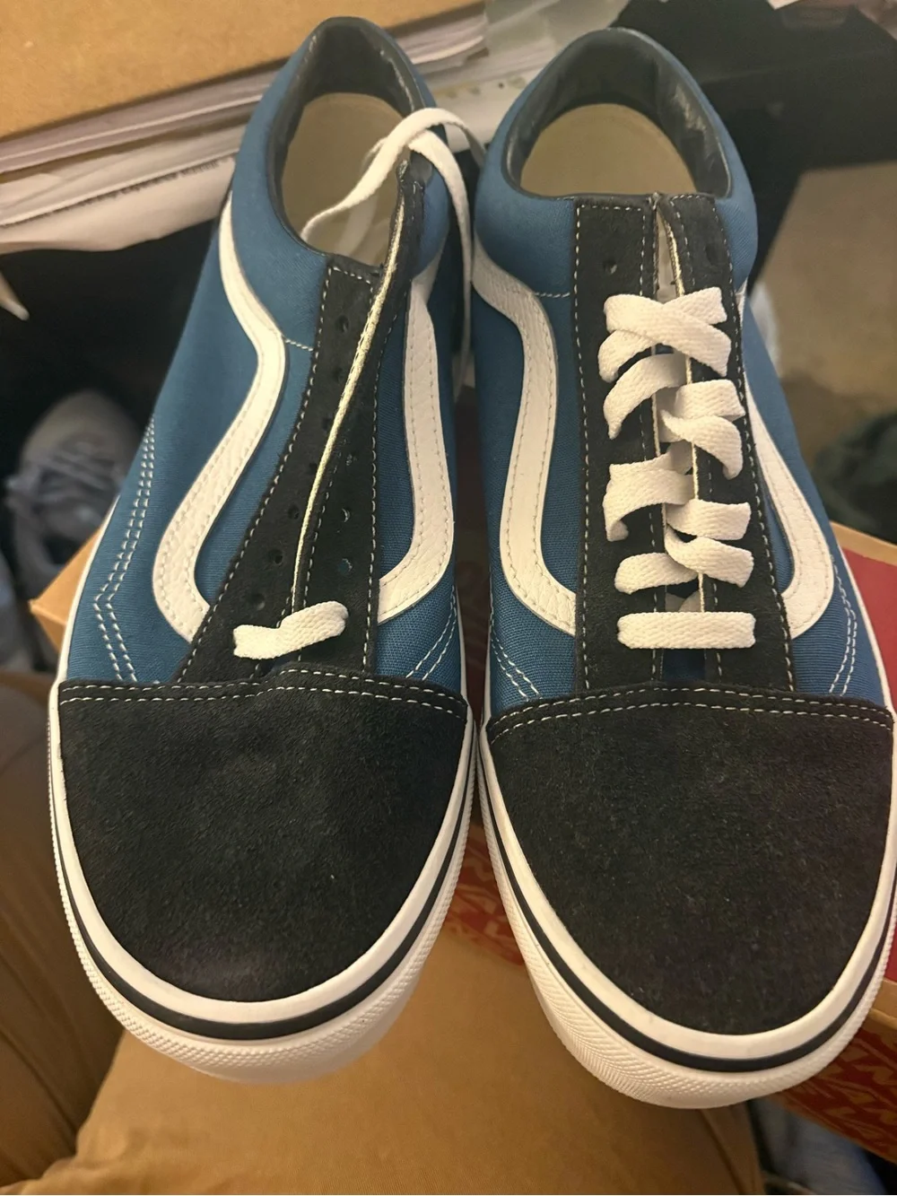 Vans Blue and Black Low-Top Skate Shoes with White Sidestripe